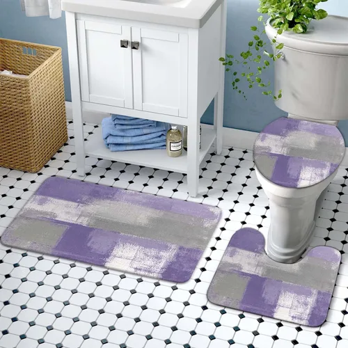 Miniatura 6 de Lnond 4 Piezas Juegos de Cortinas de Ducha de Baño Moradas con Alfombras, Arte de Pintura Púrpura y Gris Juegos de Baño con Cortina de Ducha