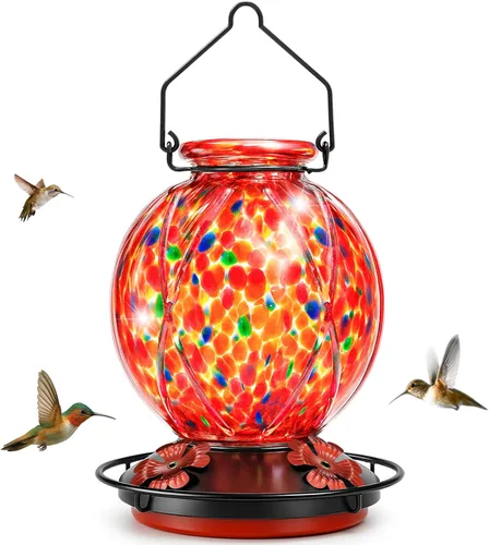 Miniatura 10 de Comedero para colibríes para exteriores – Comedero para pájaros de vidrio azul soplado a mano, a prueba de fugas, fácil de llenar y limpiar, 25