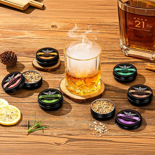 Miniatura 4 de INSISART Chips de madera para ahumar whisky, 6 sabores de manzana, cereza, roble, pera, durazno, nogal, chips naturales para cócteles, anticuado