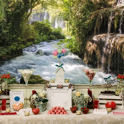 Miniatura 4 de Fondos de vinilo de bosque verde de 9 x 6 pies para fotografía, paisaje de montaña y agua, hermosa cascada y río, árbol antiguo al aire libre