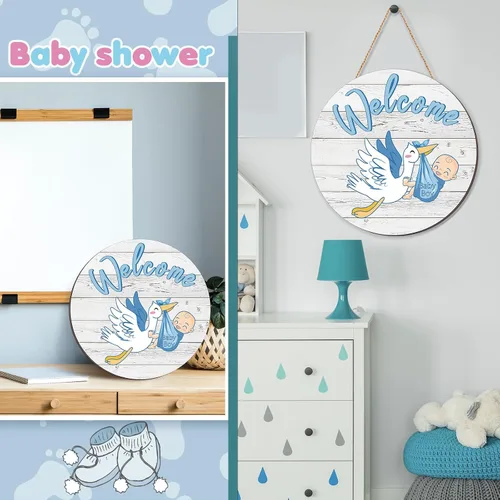 Miniatura 6 de Chunful Letrero de bienvenida para puerta de bebé niño, decoración redonda de madera rústica, decoración de casa de campo, decoración de puerta