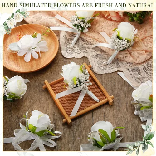 Miniatura 6 de Geosar Juego de 12 ramilletes blancos de boda y boutonniere para novia, dama de honor, incluye 6 muñequeras artificiales y 6 boutonniere