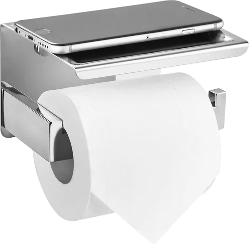 Miniatura 8 de HITSLAM Soporte de papel higiénico con estante, soporte para rollo de papel higiénico cromado autoadhesivo o montaje en pared con estante