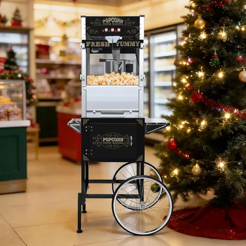 Máquina de palomitas de 20 oz con carrito, ruedas y hervidor de acero inoxidable, 110v/1440w, estilo vintage de cine de teatro, máquina de palomitas