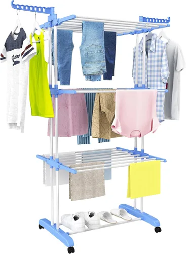 HOMIDEC Tendedero de Ropa, Tendedero Plegable Grande de 4 Niveles para Ropa (67.7H x 19.7W x 30L Pulgadas), Móvil con 4 Ruedas. Tendedero Azul