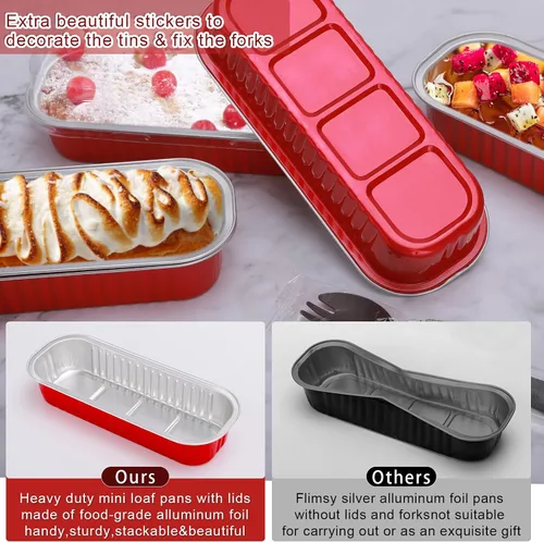 Miniatura 3 de Paquete de 100 mini moldes para pan de Navidad con tapas, mini moldes para pasteles con tapas y cucharas, moldes de papel de aluminio de 6.8 onzas