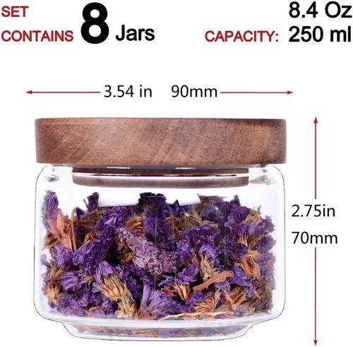 Miniatura 6 de Tzerotone 8 recipientes para especias – Tarros de especias de vidrio de 8.5 onzas con tapa hermética de acacia y etiquetas – Botellas de especias