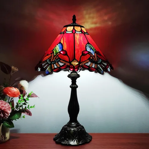 Miniatura 2 de Tiffany - Lámpara de mesa de estilo barroco rojo, lámpara de vitrales de 12 x 12 x 19 pulgadas, lámpara antigua para oficina, hogar, dormitorio