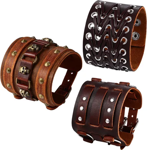 Miniatura 12 de OIDEA Assorted 3pcs Mens Punk Multistrand Leather Braided Bangle Cuff Bracelet for Biker Dad Father Size Adjustable