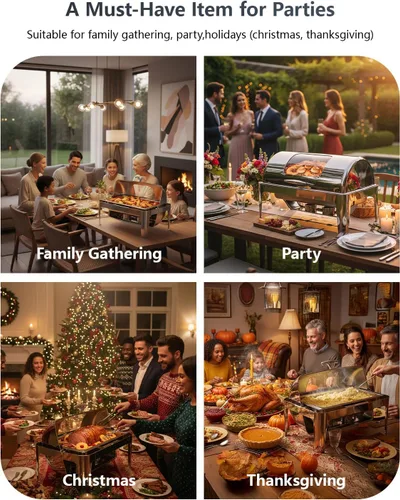 Miniatura 7 de Platos de roce con parte superior enrollable de 13QT para buffet: Calentador de alimentos para catering para fiestas, cumpleaños, bodas, Navidad, 1