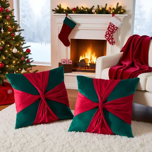 Miniatura 7 de Juego de 2 fundas de almohada de Navidad de 18 x 18 pulgadas, fundas de almohada de terciopelo con ciervos de Navidad color verde oscuro, fundas