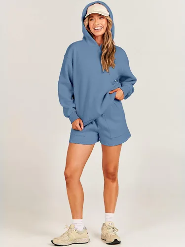 Miniatura 6 de ANRABESS Conjunto de 2 piezas para mujer, sudadera con capucha de gran tamaño, pantalones cortos, sudadera para descansar, ropa deportiva de moda