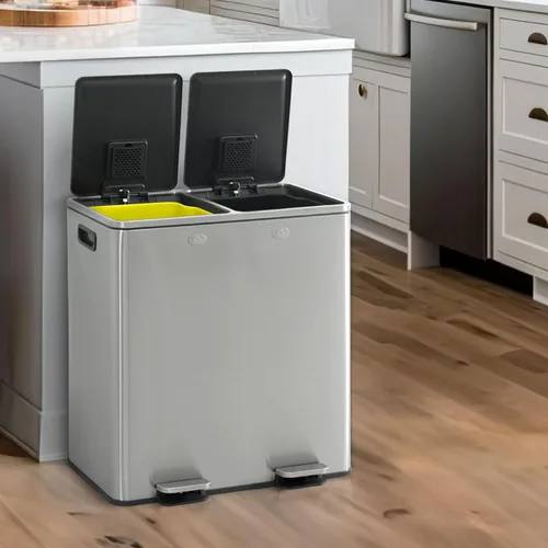 Miniatura 11 de CAPHAUS Cubo de Basura Dual con Tapa Doble, Combo de Cubos de Basura y Reciclaje, Cubo de Basura de Acero Inoxidable Sin Manos para Cocina, con 2