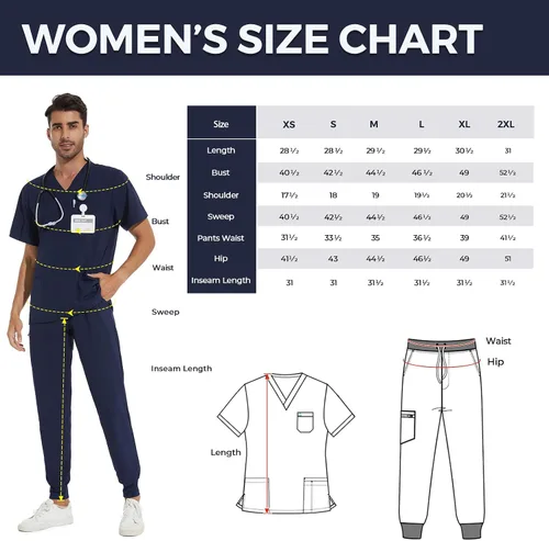 Miniatura 8 de COZYFIT Conjunto de ropa quirúrgica para hombre camiseta elástica con cuello en V y pantalón deportivo con 8 bolsillos, cintura de yoga, ropa