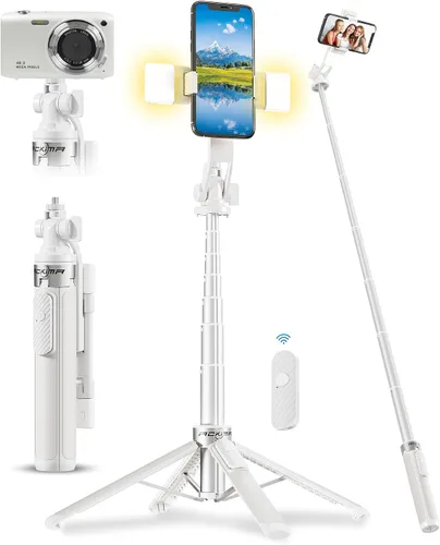 Trípode para selfie stick de 53 pulgadas con luz, soporte mejorado para teléfono celular de 4 patas, trípode para cámara con control remoto Blanco a