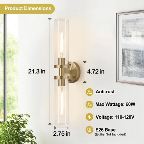 Miniatura 4 de Juego de 2 apliques de pared de latón con cable para baño, iluminación de pared con vidrio transparente, apliques modernos para decoración de pared