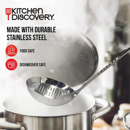 Miniatura 4 de Cucharón colador de acero inoxidable – Kitchen Discovery – Cucharón colador 2 en 1 para sopas y guisos drena líquidos de sólidos. Cucharón