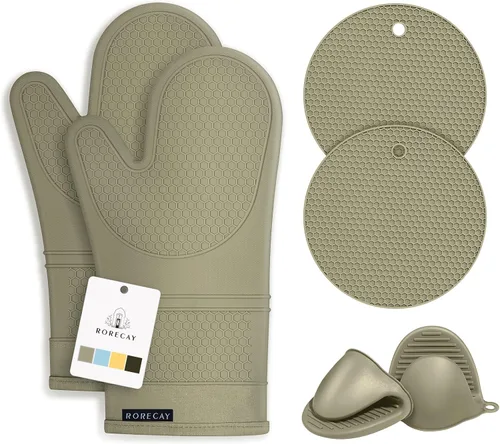 Miniatura 15 de Rorecay Juego de 6 guantes de horno y soportes para ollas para cocina, guantes de horno extralargos de silicona, resistentes al calor, 500 grados