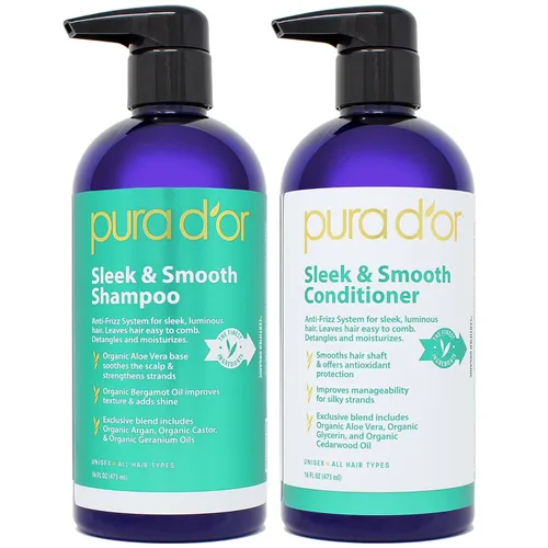 PURA D'OR Elegante y suave juego de champú y acondicionador para cabello liso sin encrespamiento y sedoso, infundido con aloe vera orgánico, aceite