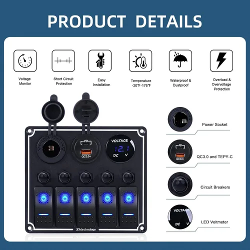 Miniatura 2 de Panel de interruptores de barco marino de 5 posiciones con cargador USB dual y voltímetro, panel de interruptores basculantes de aluminio