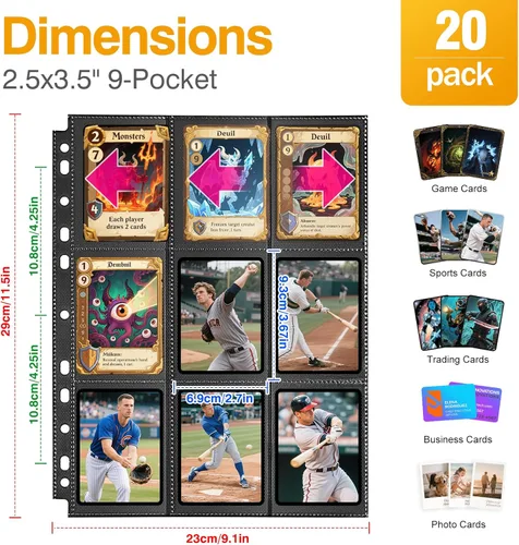 Miniatura 2 de Paquete de 20 fundas negras de 360 bolsillos para tarjetas coleccionables, fundas gruesas de doble cara para tarjetas de juego para carpeta de 3