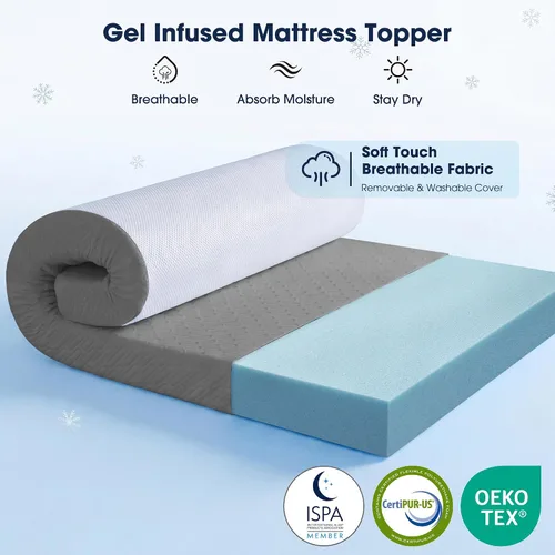 Miniatura 2 de VALUXE Cubrecolchón de espuma viscoelástica de gel de 3 pulgadas, tamaño individual, almohadilla de enfriamiento de alta densidad, alivio