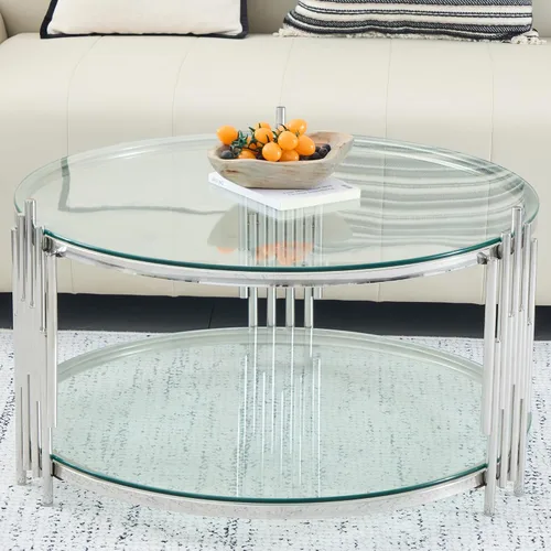 Miniatura 20 de Mesa auxiliar rectangular de vidrio de 48 pulgadas, mesa de centro de 2 niveles con parte superior de vidrio templado negro, patas de acero