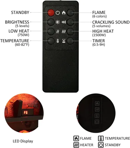 Miniatura 3 de PuraFlame 27" Chimenea eléctrica independiente con juego de leña, inserto, calentador de 750W/1500W, 6 colores de llama con 5 niveles de brillo