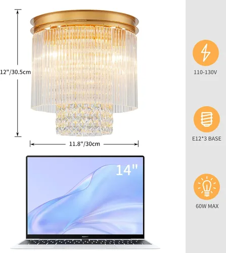 Miniatura 3 de LumFurn D12inch Modern Crystal Ceiling Light, 3-Light Chic Flushmount Close to Ceiling Light Fixture for Kitchen, Hallway & Bedroom, D12 x H12in