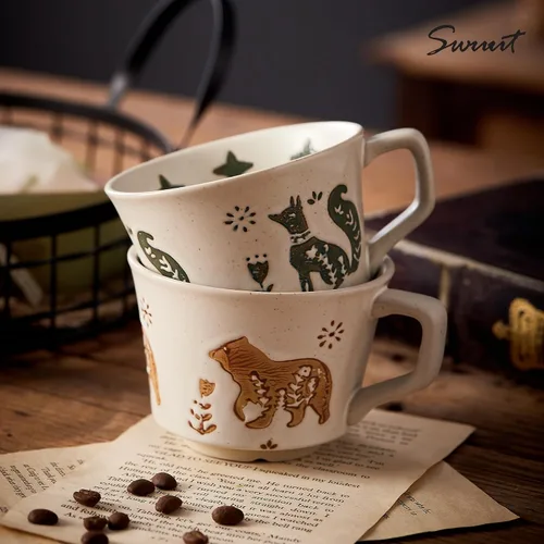 Miniatura 3 de Juego de 4 tazas de café de cerámica vintage de 12 onzas - Hechas a mano de gres cerámico de campo, estilo granja, para té de otoño con gran asa