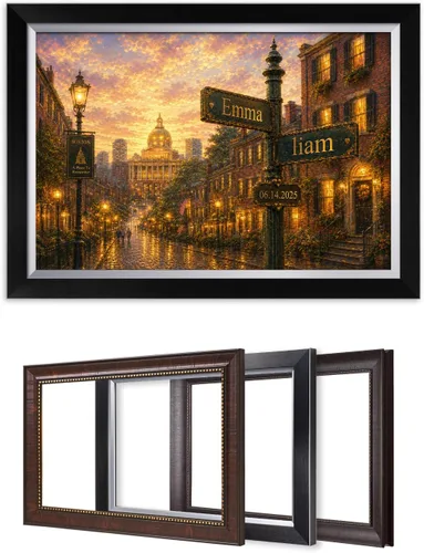 IPIC - Personalized Framed Canvas with Custom Street Sign in Boston | Personalized Street Signs with Names, Custom Canvas Print, Boston Sunset