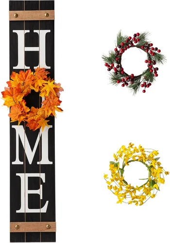 Glitzhome - Letrero con palabra en inglés «Welcome» para puerta delantera, porche, rústico, de madera, con 3 coronas de flores intercambiables para