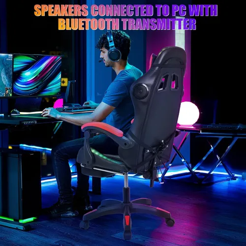 Miniatura 3 de Silla de juegos con altavoces Bluetooth y luces LED, silla ergonómica de piel sintética con reposapiés retráctil, silla giratoria de 360° con Rojo