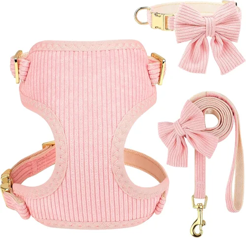 Didog Lindo juego de arnés, collar y correa para perro pequeño con moño, arnés acolchado de malla suave y transpirable para cachorros, arnés rosa