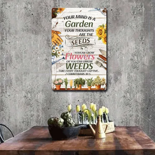 Miniatura 3 de Letrero de metal, letrero de hojalata vintage, arte de pared con texto en inglés "Garden Your Mind Love", arte de pared para jardín, jardín, regalo