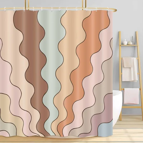 Miniatura 9 de Neutral Muted Earth Tone Wavy Shower Curtain Mid Century Modern Sage Taupe Blush Abstract Boho Bathroom Curtain Set with Hooks 36x72 Inch