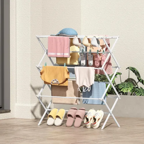 Miniatura 8 de KINGBOARD Tendedero de secado de ropa plegable con 11 postes, estante de secado de lavandería de 3 niveles, estante de secado de ropa pequeño Blanco