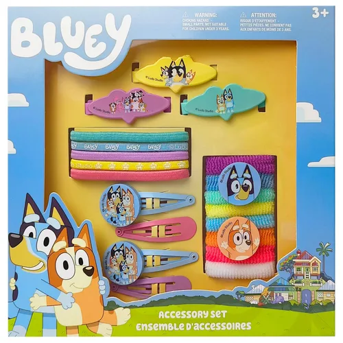 Luv Her Bluey - Juego de accesorios de 20 piezas para niñas con 3 pasadores, 4 pinzas para el cabello, 5 elásticos y 8 ponis de rizo, a partir de 3