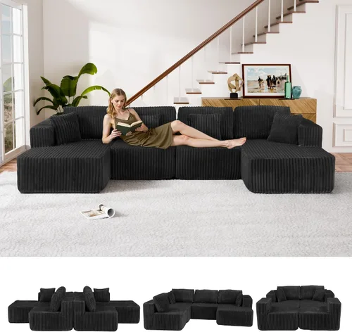 Miniatura 12 de Sofá cama modular en forma de U de 141.73 pulgadas, sofá de pana modular 6 en 1 con sensación suave como una nube, bolsa de almacenamiento