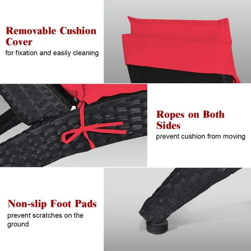 Miniatura 8 de COSTWAY Sillón plegable de ratán para exteriores, tumbona de mimbre para patio con cojín suave, soporte ergonómico con forma para tomar el sol, Rojo