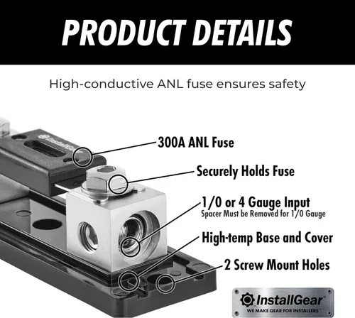 Miniatura 5 de InstallGear - Bloque de fusibles con portafusibles ANL y cubierta transparente - Fusibles de 300 amperios para protección segura del circuito - Caja