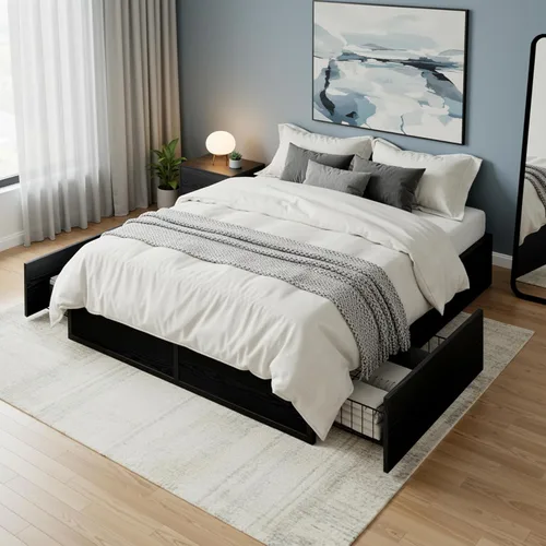 Miniatura 8 de Allewie Marco de cama de metal de tamaño matrimonial con 2 cajones de almacenamiento, marco de acero resistente con paneles de madera de fibropanel