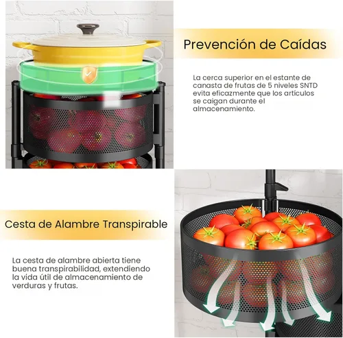Miniatura 3 de SNTD Cesta de frutas y verduras para cocina con tapa superior de metal, carrito de almacenamiento giratorio de 5 niveles para papa, cebolla, pan