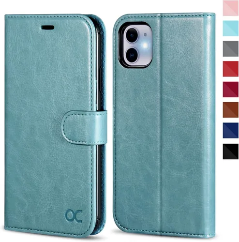OCASE Funda tipo cartera compatible con iPhone 11 con tarjetero y soporte para tarjetas, funda de piel sintética con función atril y cierre Verde