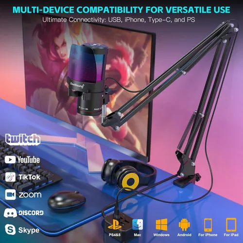 Miniatura 4 de ZealSound Gaming Microphone for PC/Mac/iPhone/Phone – 192kHz/24-bit Podcast Mic with Noise Reduction, Tap-to-Mute, Gain, Monitoring, Boom Arm, Pop