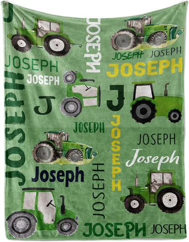 Miniatura 26 de Manta personalizada de tractores, nombre personalizado con diseño de camiones de tractor agrícola, manta de cama de franela de felpa suave