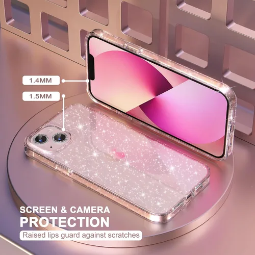 Miniatura 4 de Choiche Compatible con iPhone 13, funda para mujer con purpurina brillante, 2 protectores de lente de cámara con diamantes, funda protectora a