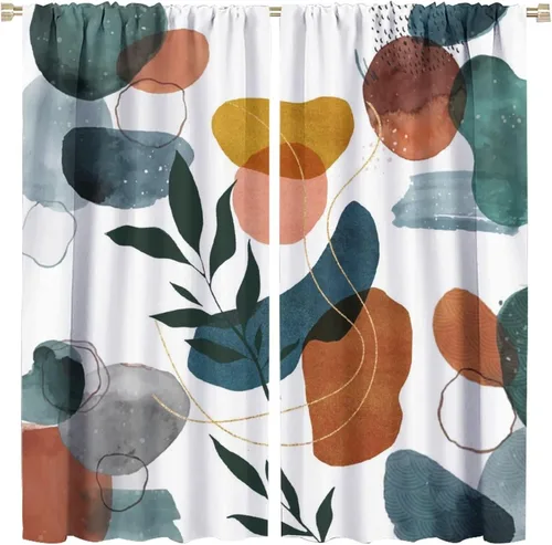 Cortinas opacas de arte abstracto de mediados de siglo para dormitorio, cortinas modernas de estilo bohemio con hojas geométricas florales, cortinas