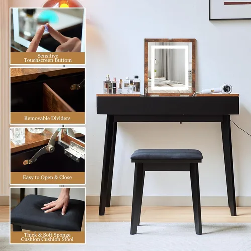 Miniatura 8 de Tocador Pequeño, Tocador Compacto para Niñas con Taburete y Toma de Corriente, Escritorio de Maquillaje con Espejo y Luz LED, Mesa de Tocador