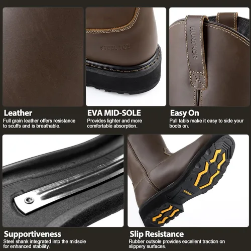 Miniatura 7 de Botas de trabajo con punta de acero para hombre, a prueba de pinchazos con suela media de EVA, GoodyearWelt, cuero de grano completo, resistente al